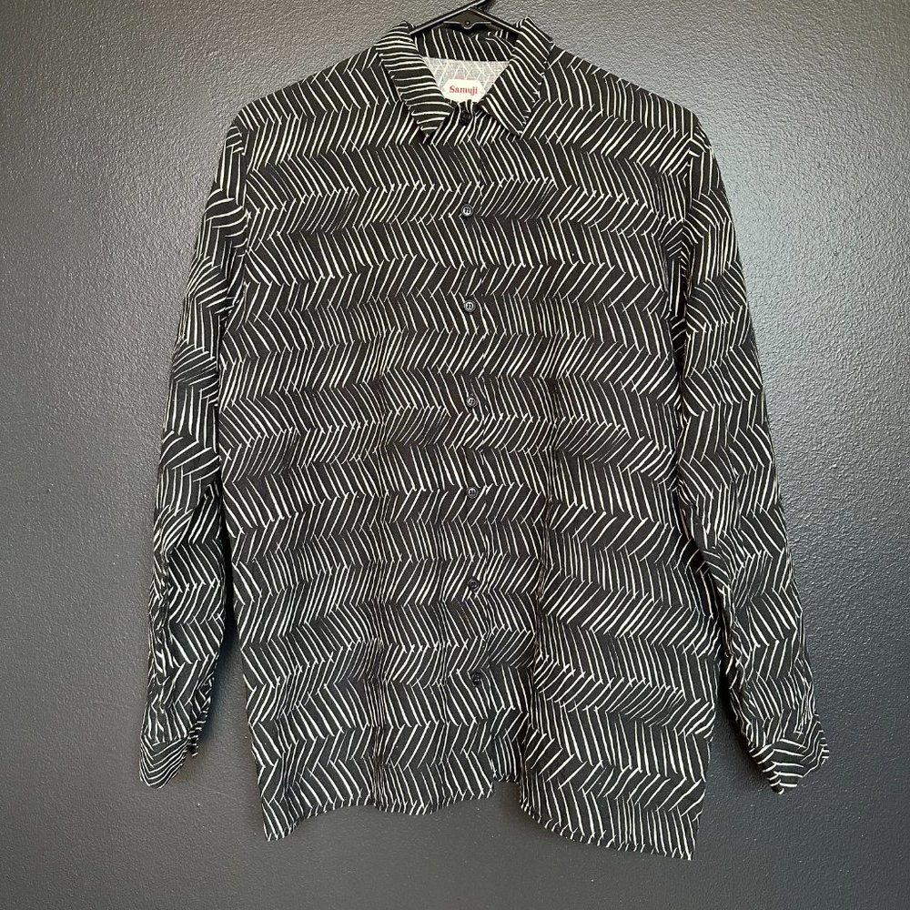 Samuji Printed Button Down – abstract block print – 36/S
